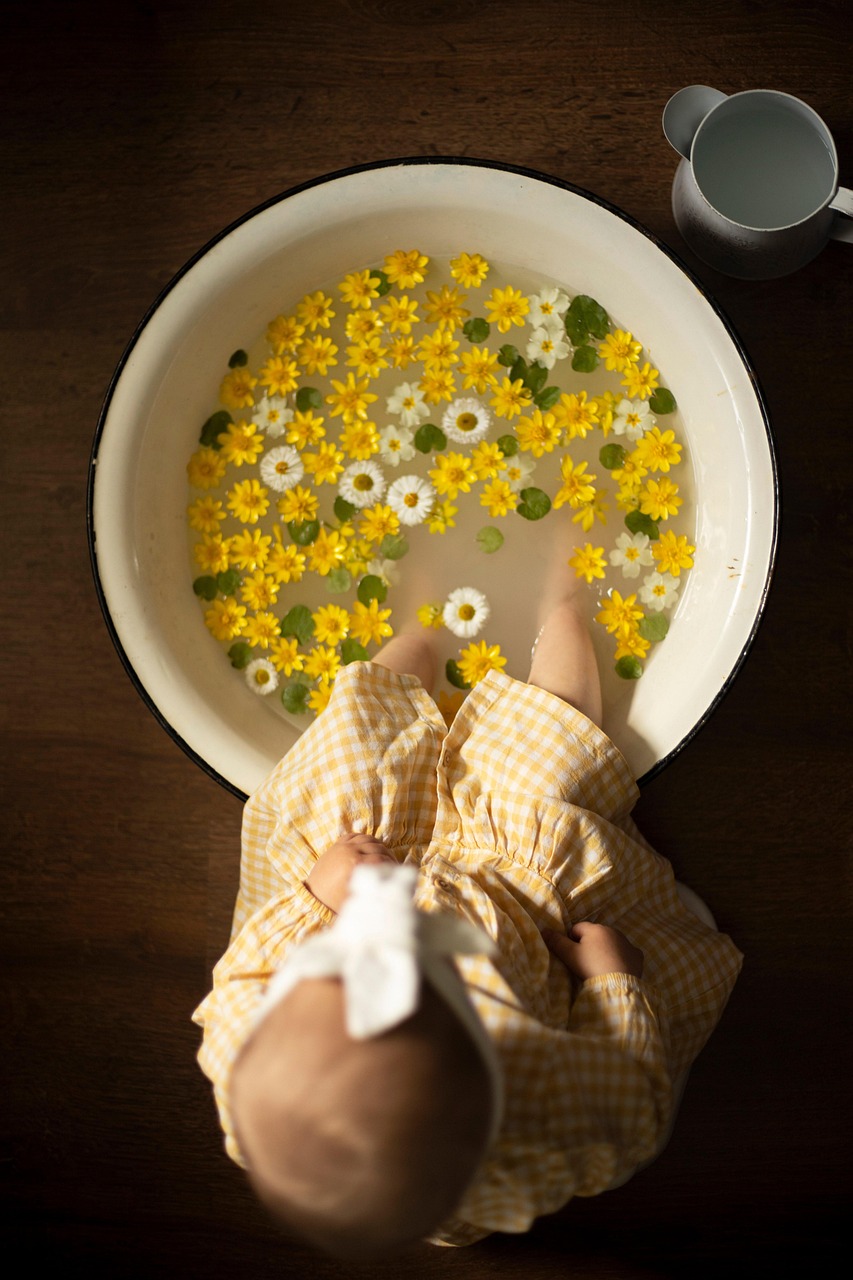 baby, bath, basin, beautiful flowers, little girl, flower background, toddler, flowers, yellow flowers, nature, bathing, flower wallpaper, infant